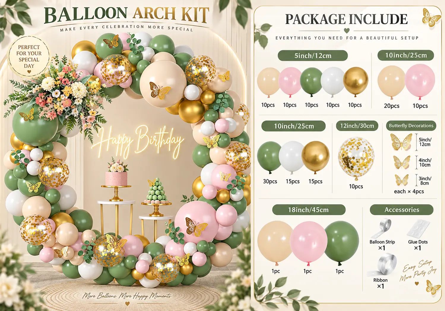 Birthday Balloon Arch Kit sample with balloons age accents accessories and packaging