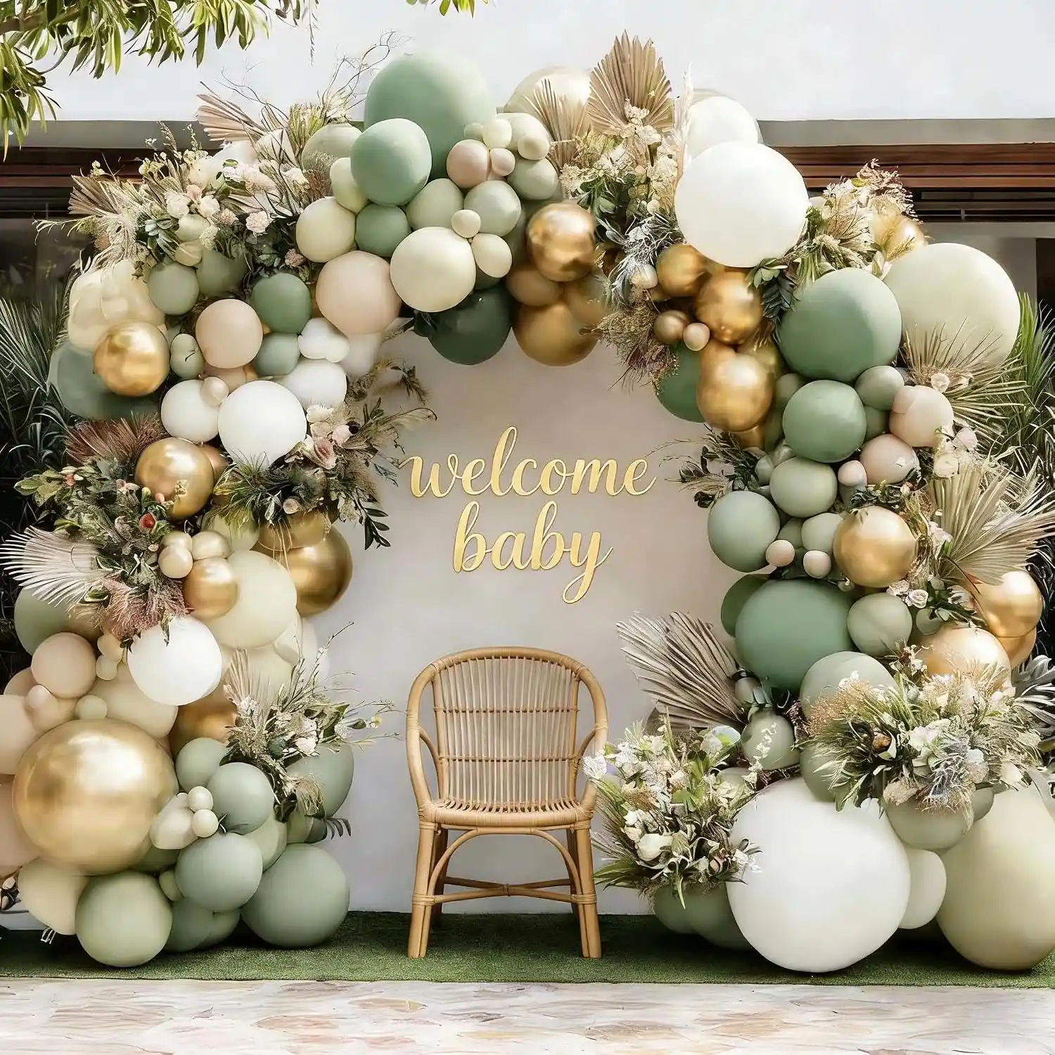Ghirlanda de baloane pentru baby shower verde salvie